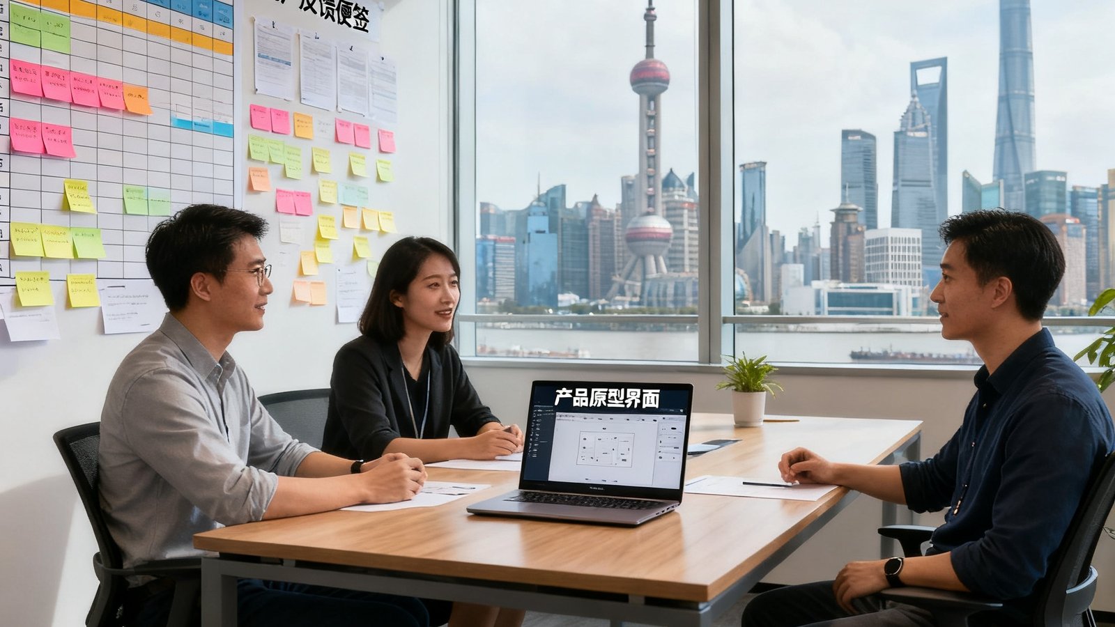 小艾电竞创始团队三人围坐在开放式办公区的长桌旁，墙上贴满赛事排期表和用户反馈便签，窗外是上海浦东的城市天际线，笔记本电脑屏幕上显示着产品原型界面